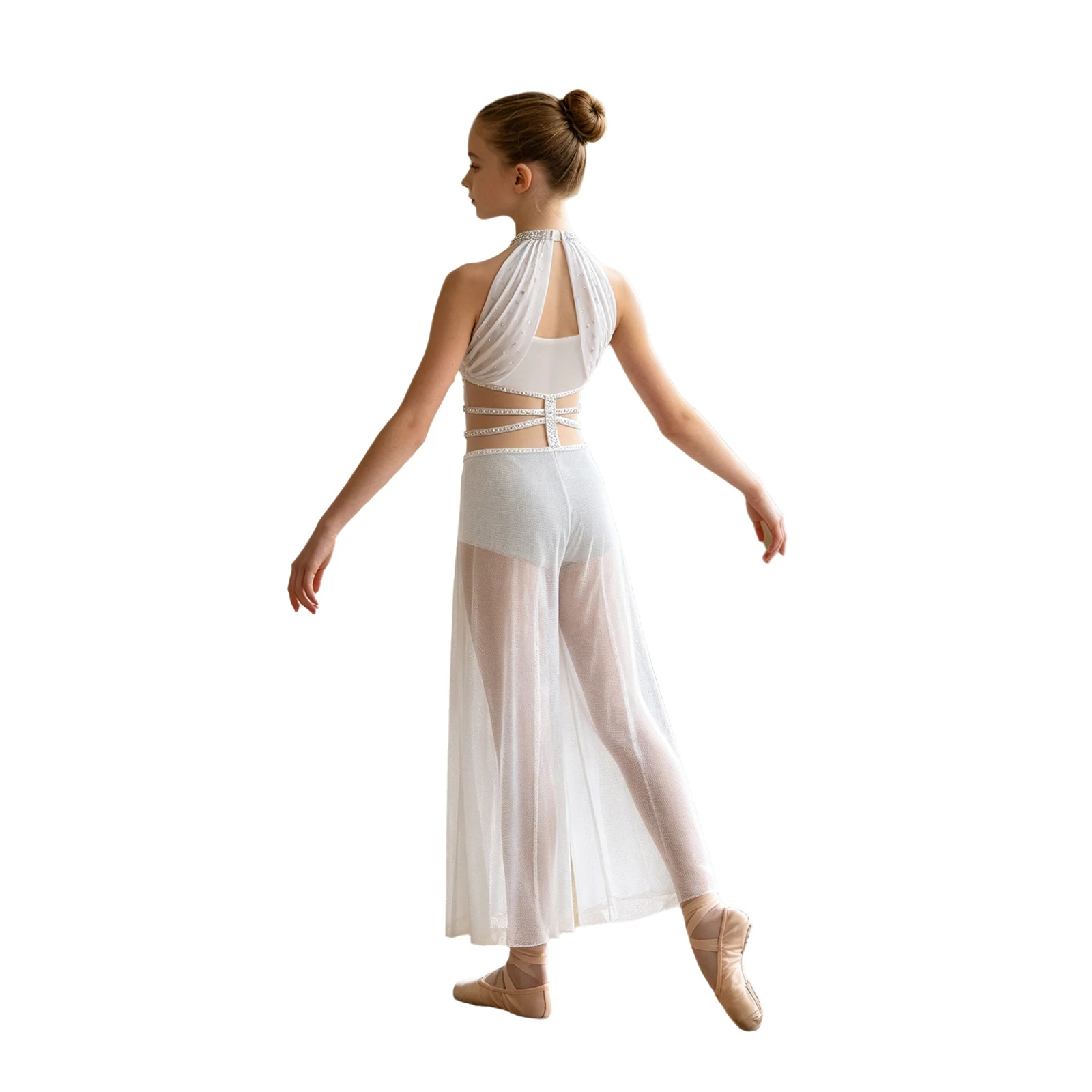 Mädchen Moderner Lyrischer Tanz Ballett Eiskunstlauf Jumpsuit Ärmellos mit Ausschnitten Strass-Oberteil Geteilter Netzstoff Weites Bein Bodysuit