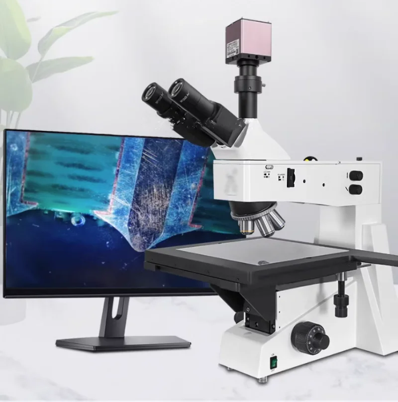 Three eye metallographic microscope connected to display screen, electronic industrial photography, measurement and detection