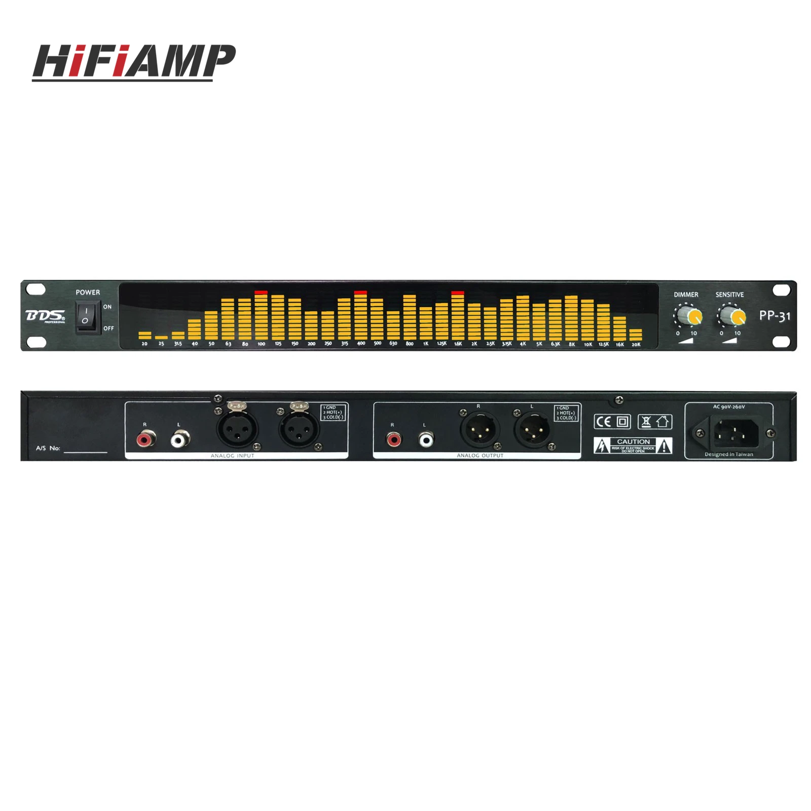 BDS PP-31 Gelber LED Digitaler Audio-Spektrumanalysator Display 1U Musik-Spektrum VU-Meter 31 Segmente