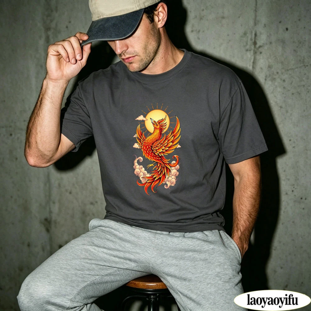Phoenix Rising Sun Tattoo Design Fashion Streetwear Men T-Shirt Cotton Short Sleeve Outdoor Top Gift For Him Mens Tee