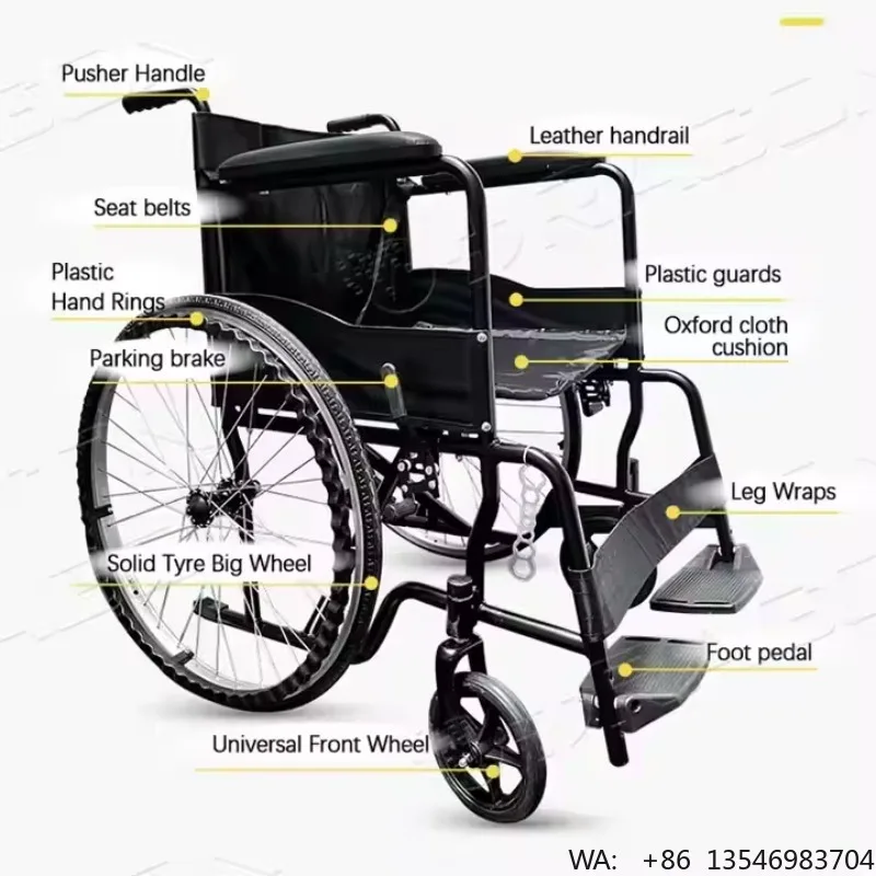 Silla de Ruedas Plegable Ligera de Acero Inoxidable para Rehabilitación de Personas Mayores con Capacidad de 100 kg, Alcance de 15-20 KM, Certificación CE