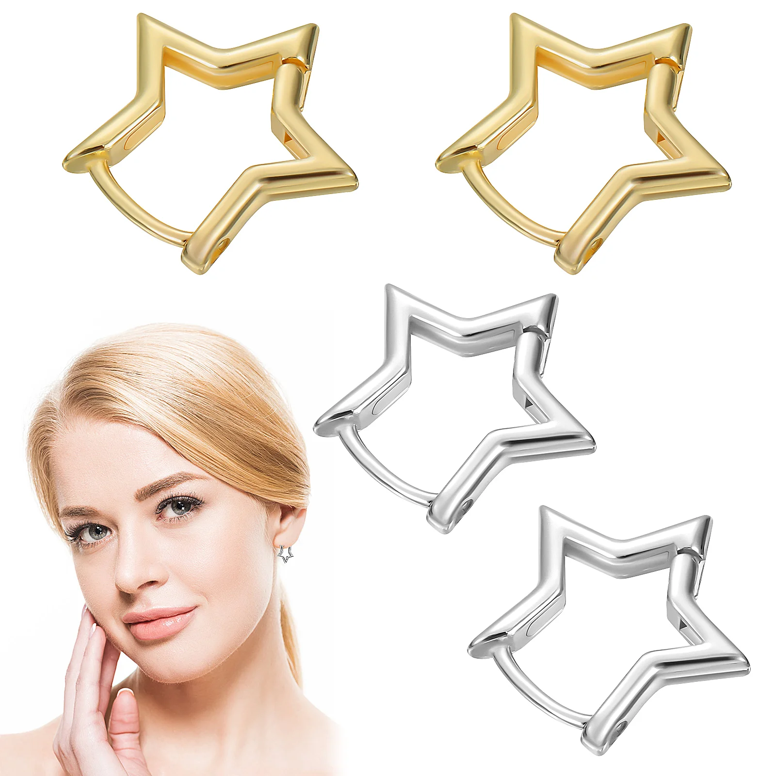 

2 Pairs Star Earrings Simple Geometric Hoops Fashion for Girl Five Pointed Silver Suits