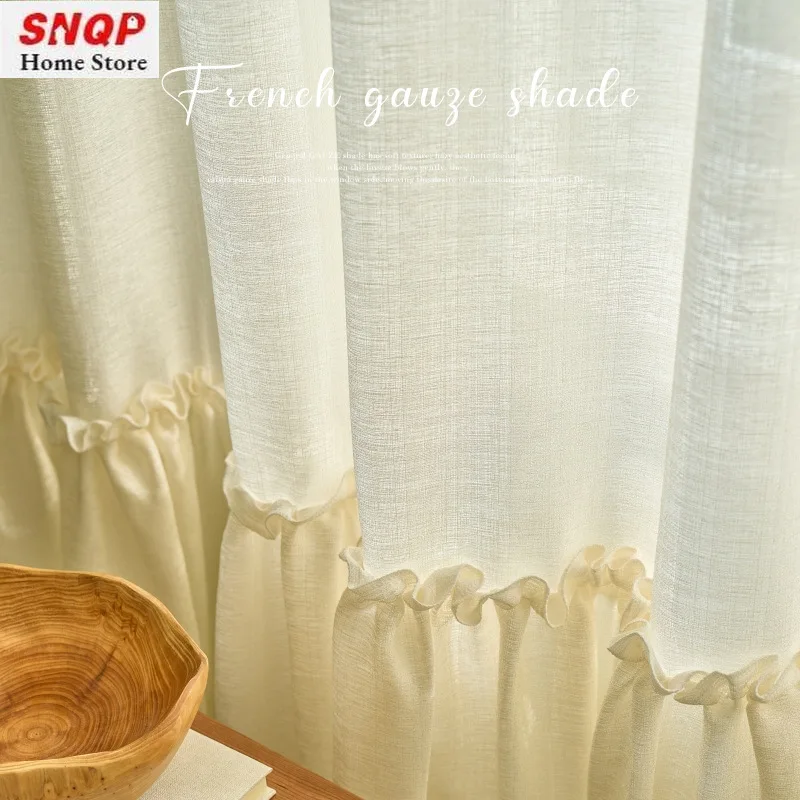 Custom Size French Beige Tulle sheer Curtains for Living Dining Room Bedroom Rustic Ruffle Wooden Earring Hem Translucent Opaque