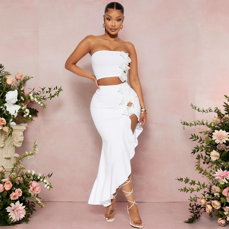 

STYLISH LADY Кружевной комплект из 2 предметов с рюшами Женский укороченный топ без бретелек и юбка с разрезом Костюмы 2025 Лето Белый Элегантный OL Вечерние наряды