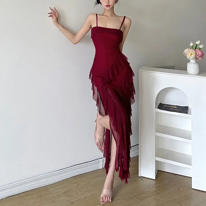 

2024 New Sexy Backless Lace-up Sling Dresses Summer High Waist Women's Dress Solid Slim Fashion Slash Neck Ruffled Midi Dress