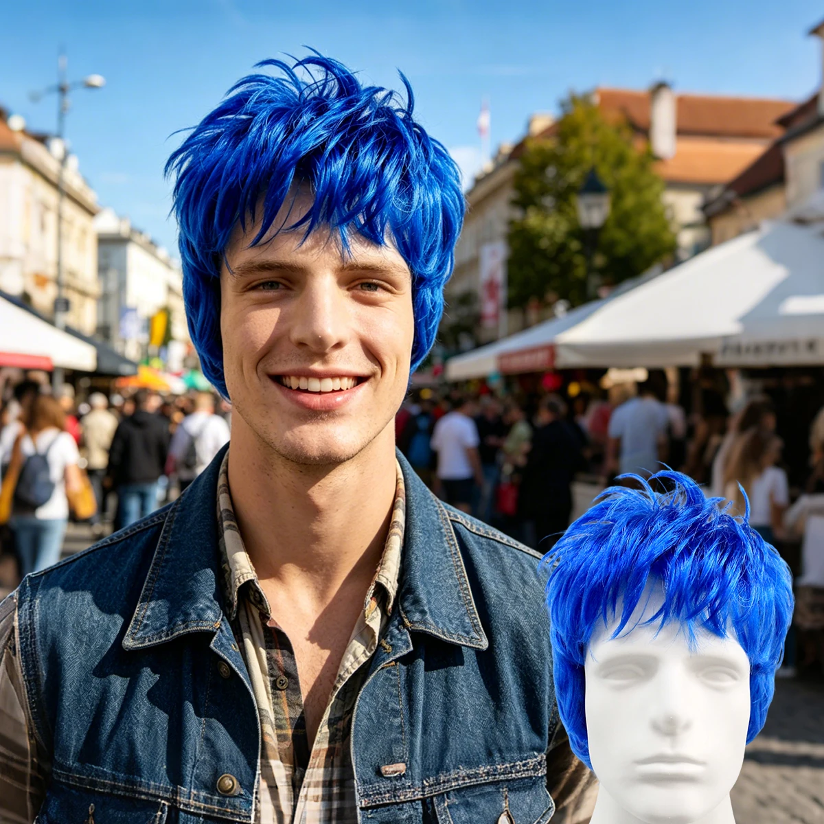 Bright Blue Spiky Short Synthetic Wig, Anime Cosplay Style Hair for Men, Ideal for Halloween and Themed Party Costume