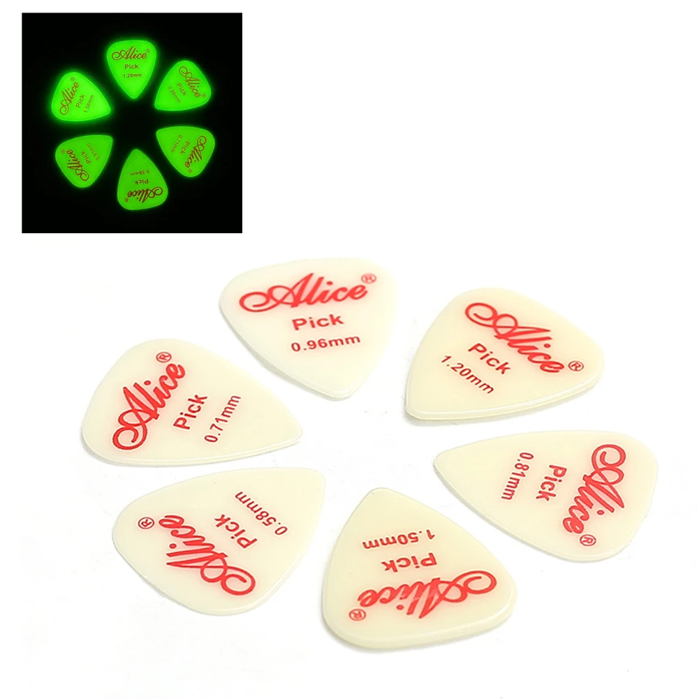 Alice Luminous Guitar Picks Fluorescent 0.58/0.71/0.81/0.96/1.2/1.5mm 25mm * 30mm 6 Pcs Acoustic Electric Guitars