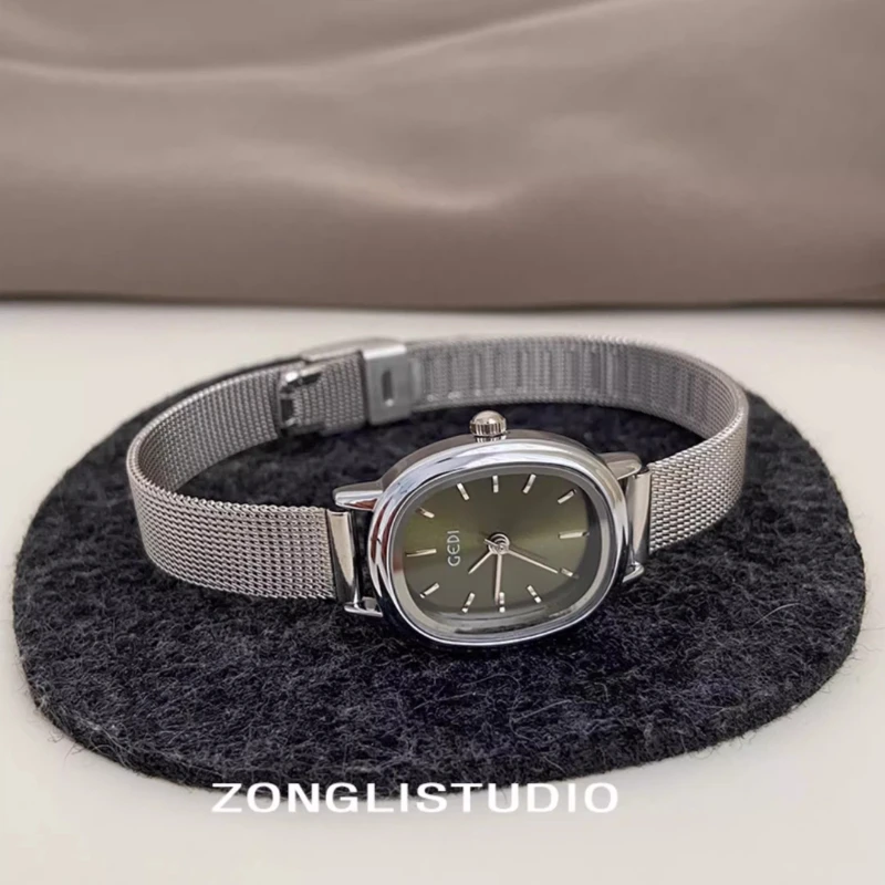 Light Luxury Silver Ladies Bracelet Fashion Green Simple Design Quartz Watch Waterproof Steel Belt Clock Gift Women's Watch