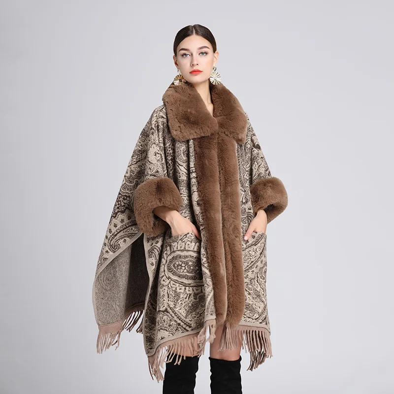 Cape Coat Ladies 2026 Autumn Winter Faux Rabbit Fur Collar Retro Jacquard Tassel Loose Plus Size Warm Poncho Daily Fashion Coat
