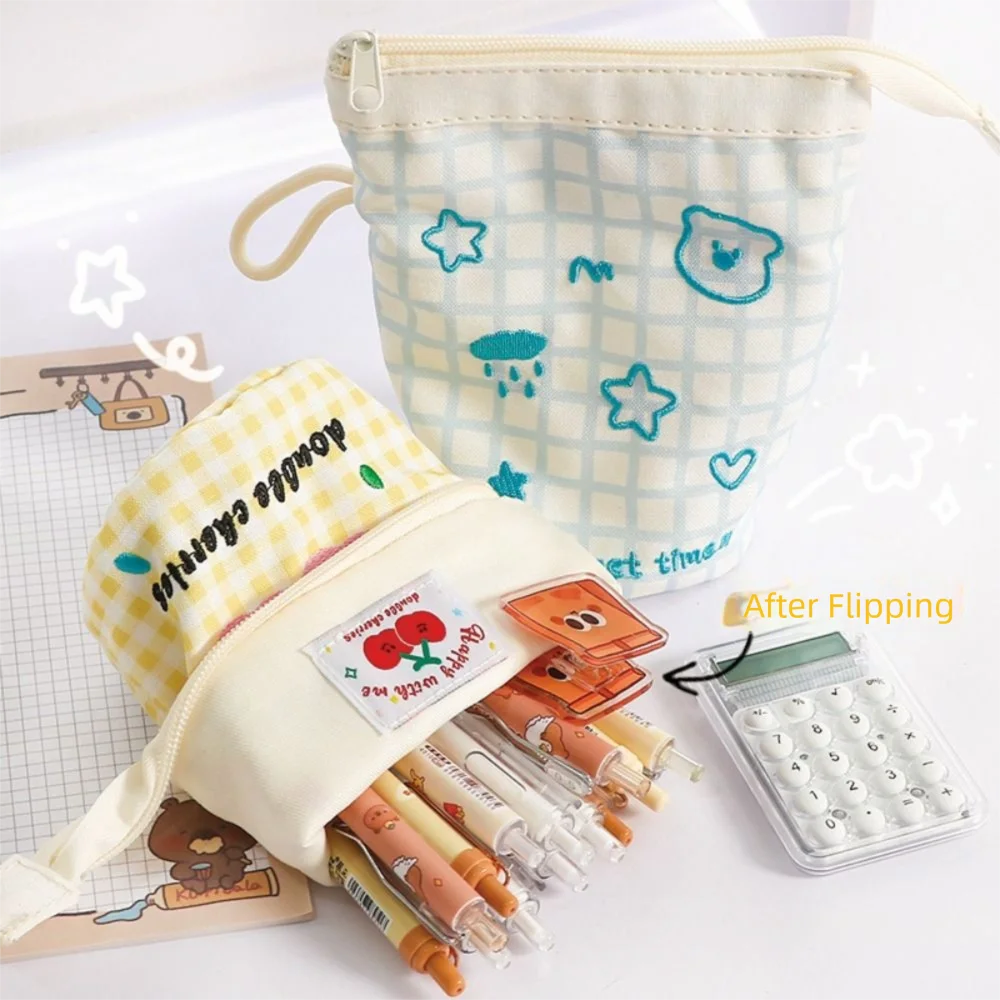 

Gifts Portable Plaid Pen Bag Contrast Color Dopamine Cute Pencil Case Large Capacity Vertical Pen Holder