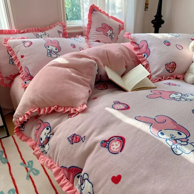 Sanrio My melody Kuromi Cinnamoroll Milk Velvet Cartoon Cute Print Home Bedroom Dormitory Sheets Four-piece Set for Girls Gift