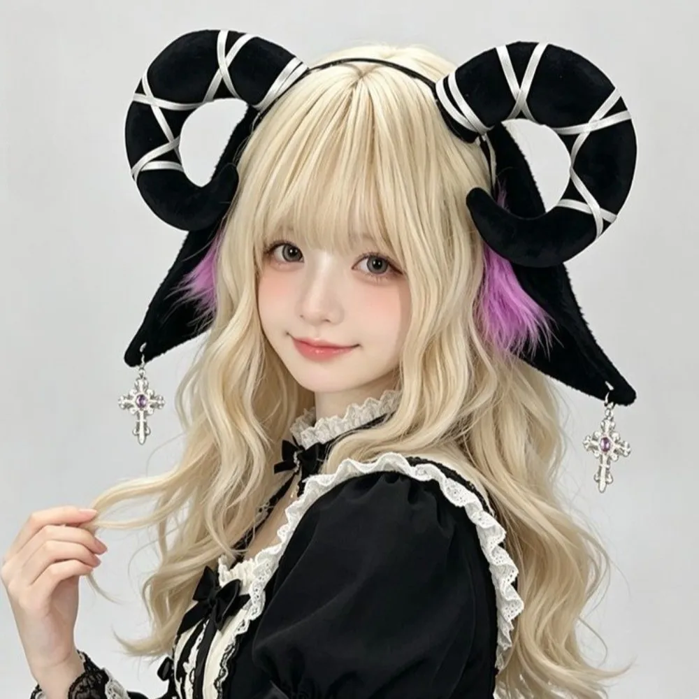 Furry Cute Devil Goat Horn Headband Soft Sheep Ears Hair Band Black Creative Cosplay Headwear Goat Year Costume