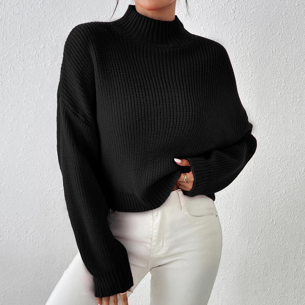 Women\'s Ribbed Knitted Sweater, Mock Neck Long Sleeve Pullover, Solid Color High Neck Drop Shoulder Jumper