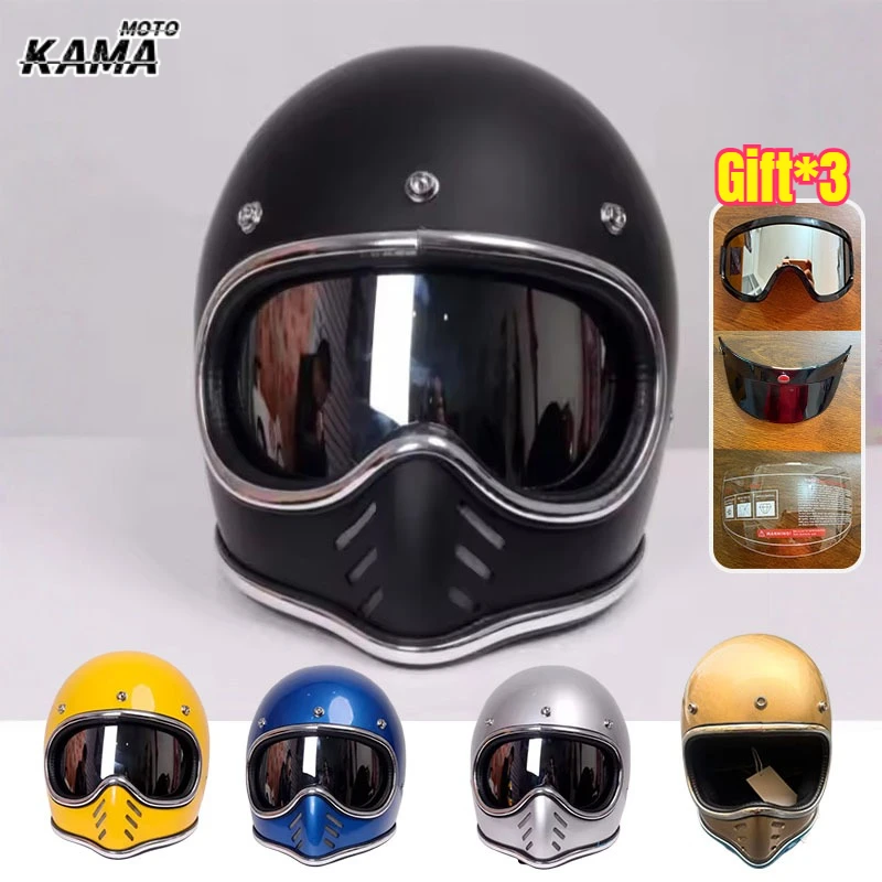 New Colors Unisex Pointed Nose Small Helmet Chrome Silver Rim Retro Motorcycle Fiberglass Helmet Four Season Full Face Helmet