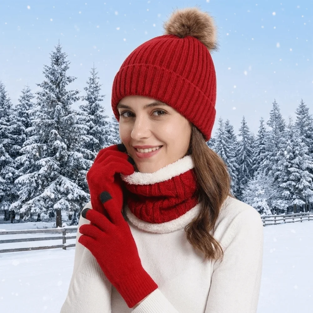 Thickened Hat Scarf Gloves Set Beanie Hat Solid Color Pompom Beanies Hat Breathable Cold-Proof Winter Knitted Gloves Set Winter