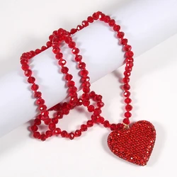 RH Fashion Boho Style 8mm Shiny Crystal Glass Knotted Necklace Rhinestone Heart Pendant Necklace Sweater Chain