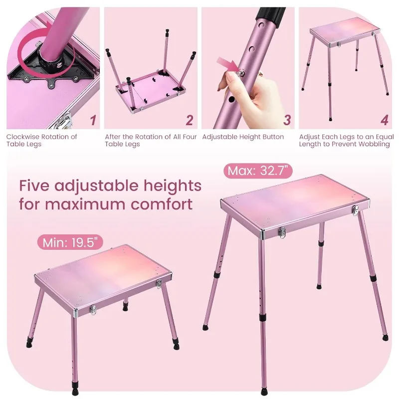 Rolling Manicure Table Makeup Case Foldable Nail Desk 5 Drawers Cosmetology Case on Wheels with Brush Pouch