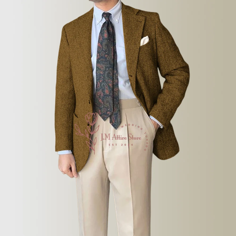 Men's Grey Texture Herringbone Vintage Single Breasted Notch Lapel Blazer Regular Fit Winter Blazer For Business Wedding Party