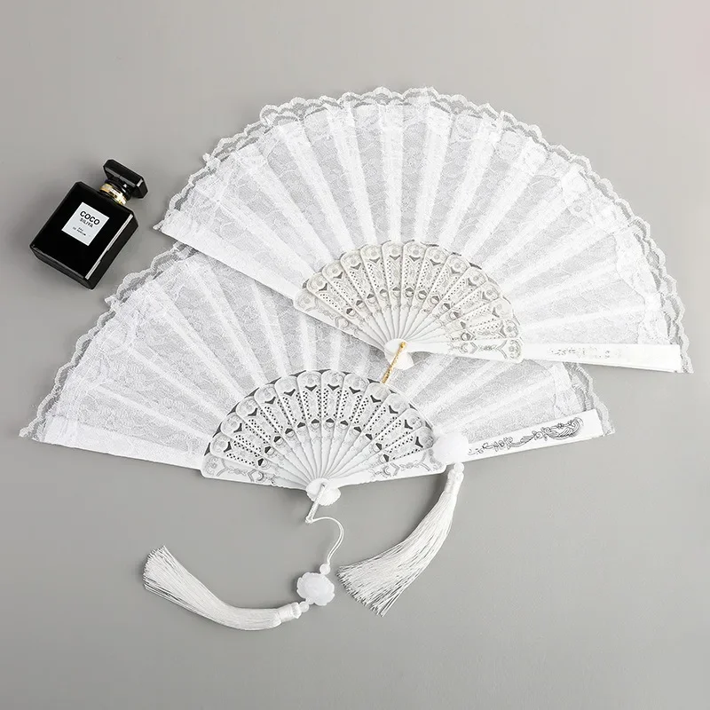 

Fashion Wedding White Lace Folding Fan Plastic Wedding Cosplay Party Home Decorative Fan Ancient Bride Hand Fan Decoration