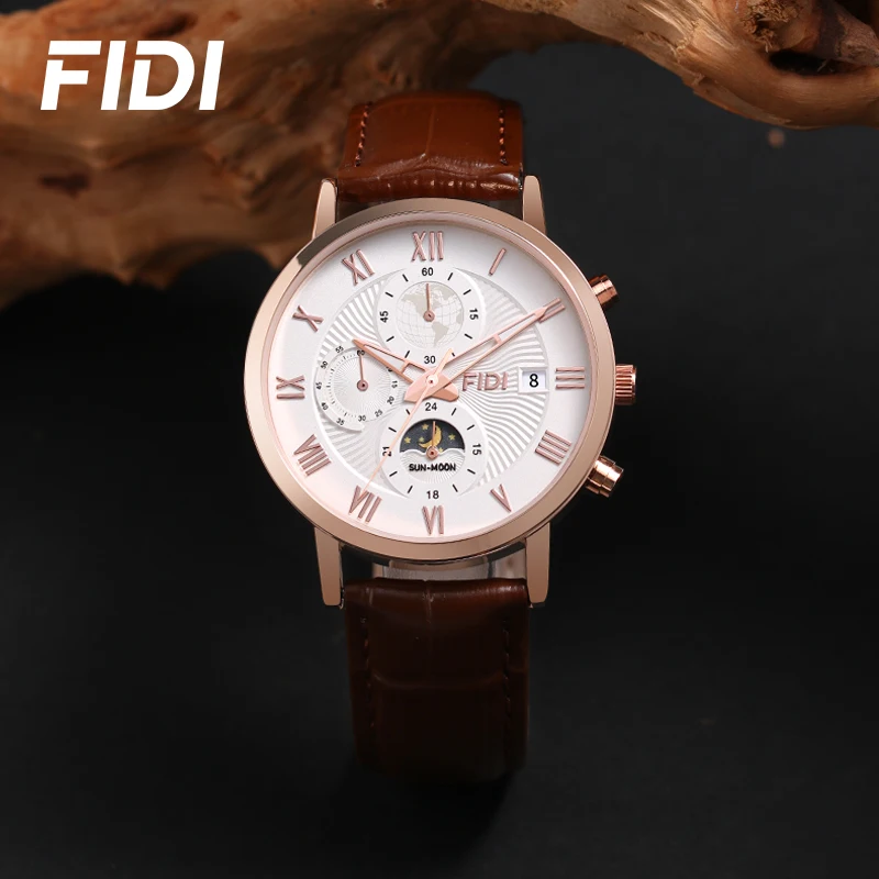 FIDI Man Watch Fashion Top Luxury Sport Men\'s Wristwatch Waterproof Luminous Leather Date Quartz Watches Men Clock FD104