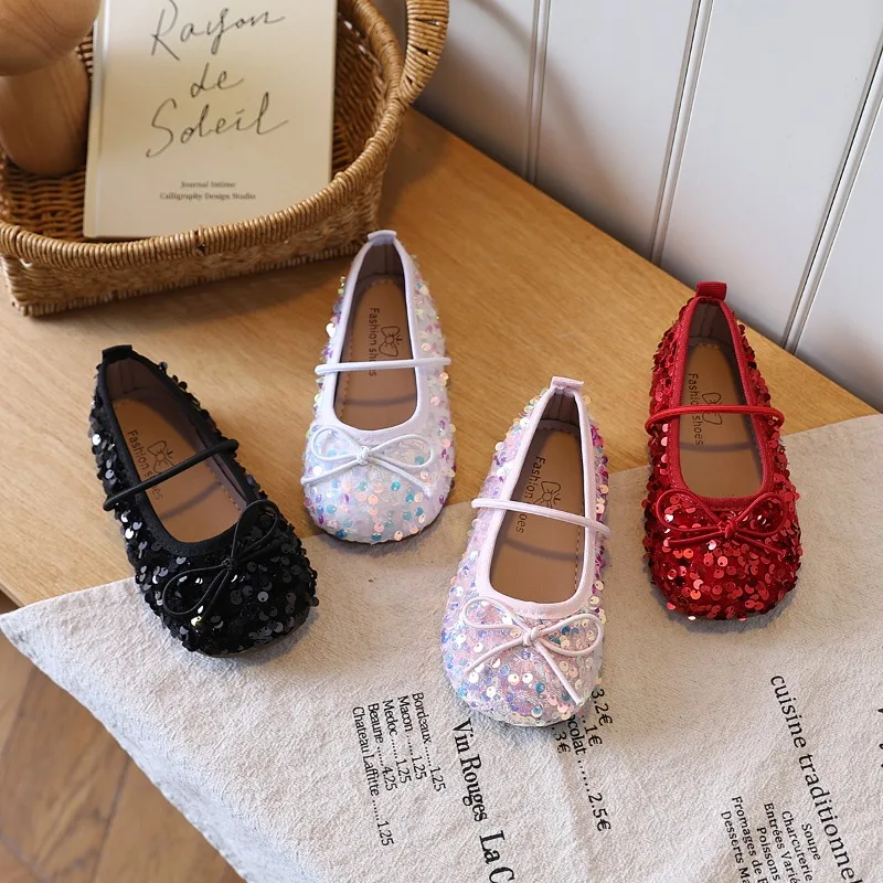 Girls Fashion Sequins Mary Jane Small Leather Shoes Spring Autumn New Soft Sole One Pedal Princess Flats Loafer Breathable 2026