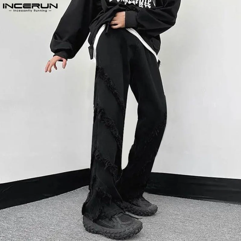 INCERUN Men Pants Tassel Patchwork Button Joggers Streetwear Casual Straight Trousers Men Loose 2024 Fashion Leisure Long Pants