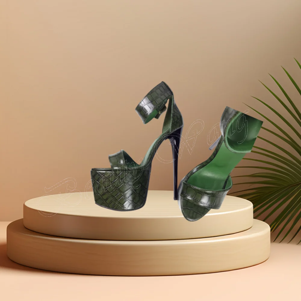 

Green Stone Print Platform Sandals Solid Ankle Buckle Round Toe Spike High Heel Shoes for Women High Heel 2024 Zapatillas Mujer