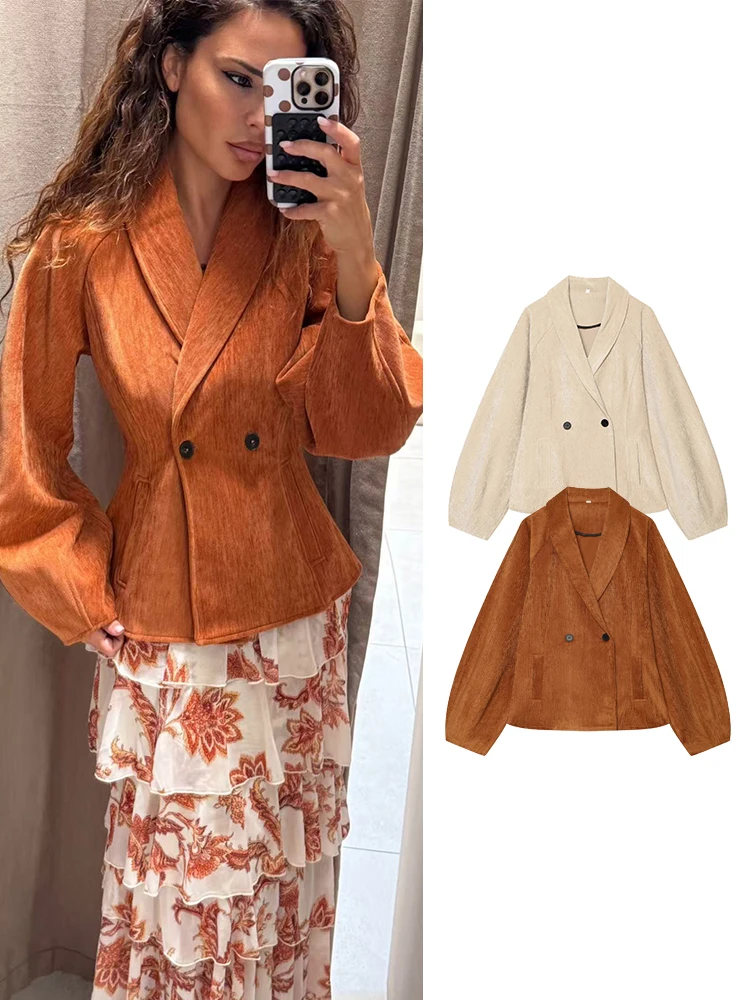 TFMLN Women Casual Style Jackets Double Breasted Long Sleeve Simple Commute Style Suit Jacket Elegant Retro Short Coat Lady