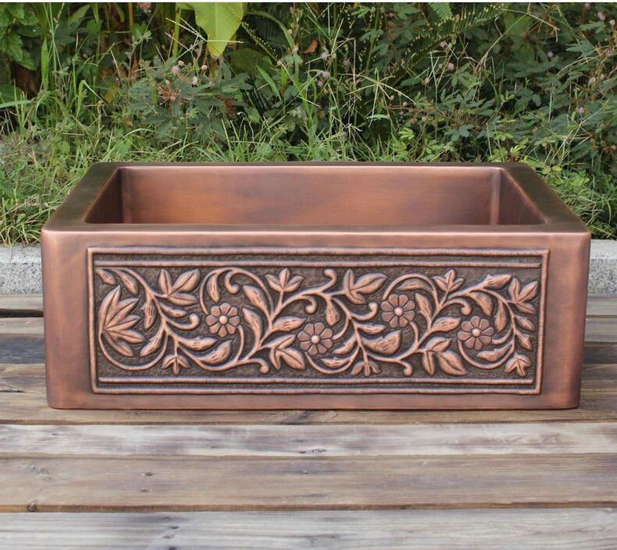 

60*43*20cm Antique Copper Regtangular Apron Front Single Bowl Artistic Kitchen Sink