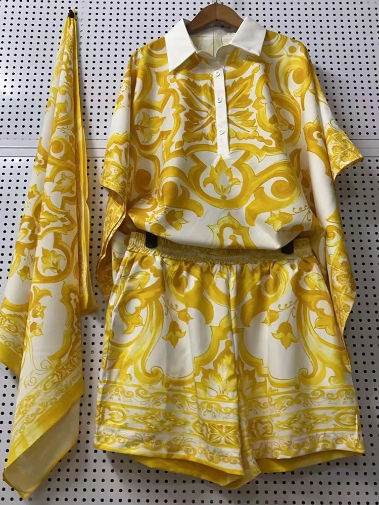 2026 Summer New Fashion Two-piece Lapel Bat Sleeve Loose Straight Shirt+High Waist Wide Leg Shorts Elegant Female Print Set