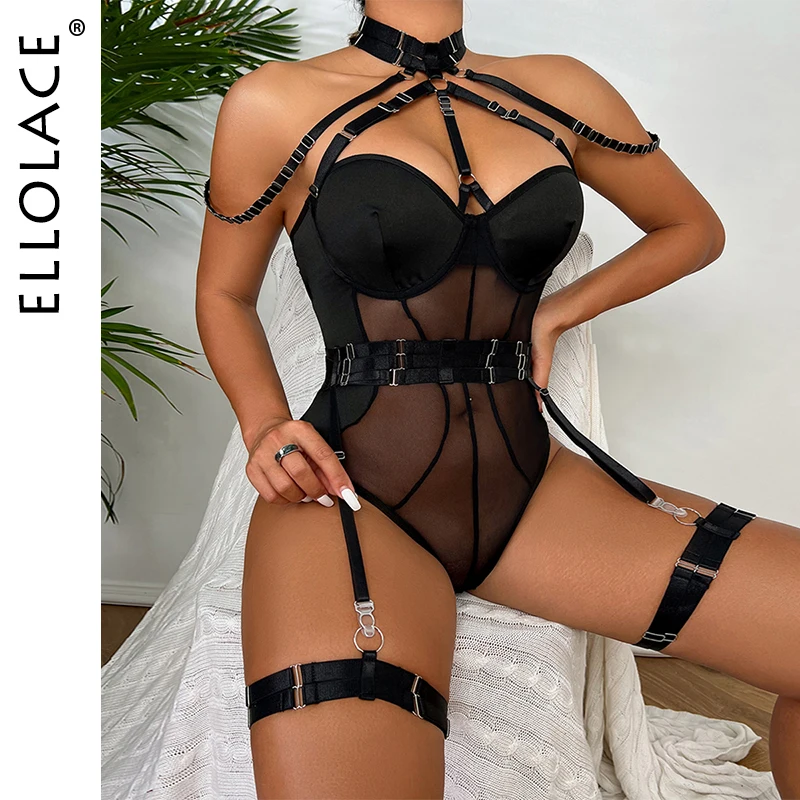 Ellolace Fancy Lingerie Bodysuit Women With Garters Sexy Boat Body One-Pieces Sissy Teddy Erotic Halter Open Croch Babydoll