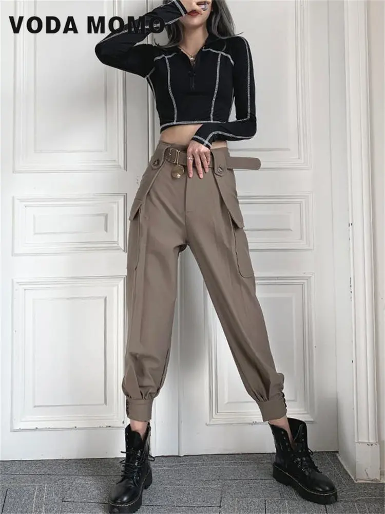 Women\'s Korean Style Cargo Pants Jogger Elastic Waist High Harajuku Straight Pants Females Pocket Wide Leg Elastic Streetwear