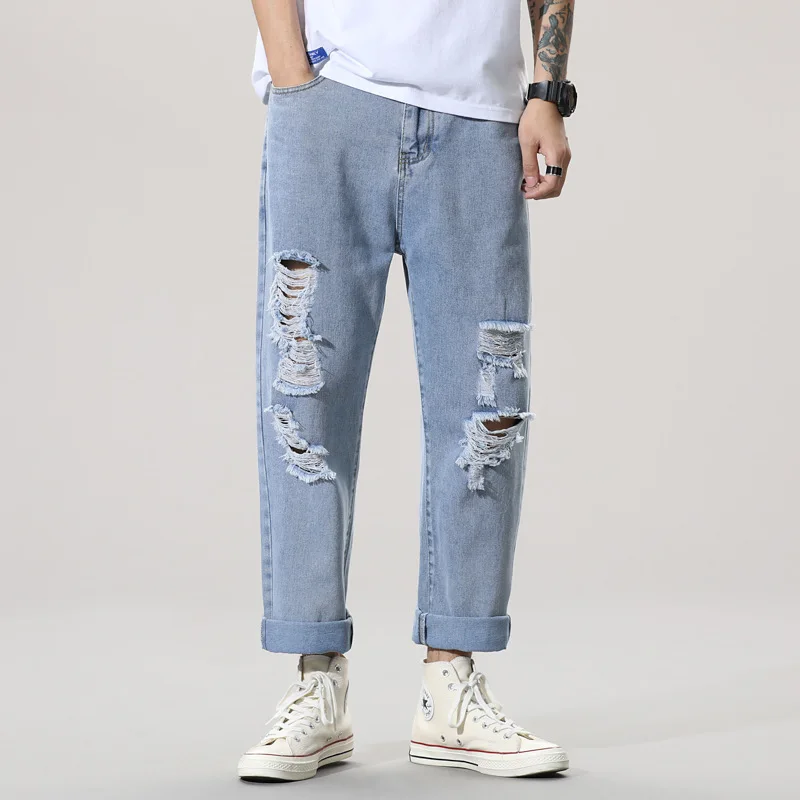 Jeans Men's Loose Straight-Leg Korean Version Of The Trend Hole Beggar Old Tide Brand Ankle-Length Pants Hollow Out Hip Hop