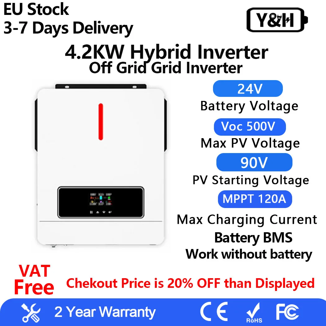 Y&H 4.2KW Hybrid Inverter Charger 24VDC 220VAC MPPT 120A Solar Charge Controller Dual output pure sine wave inverter