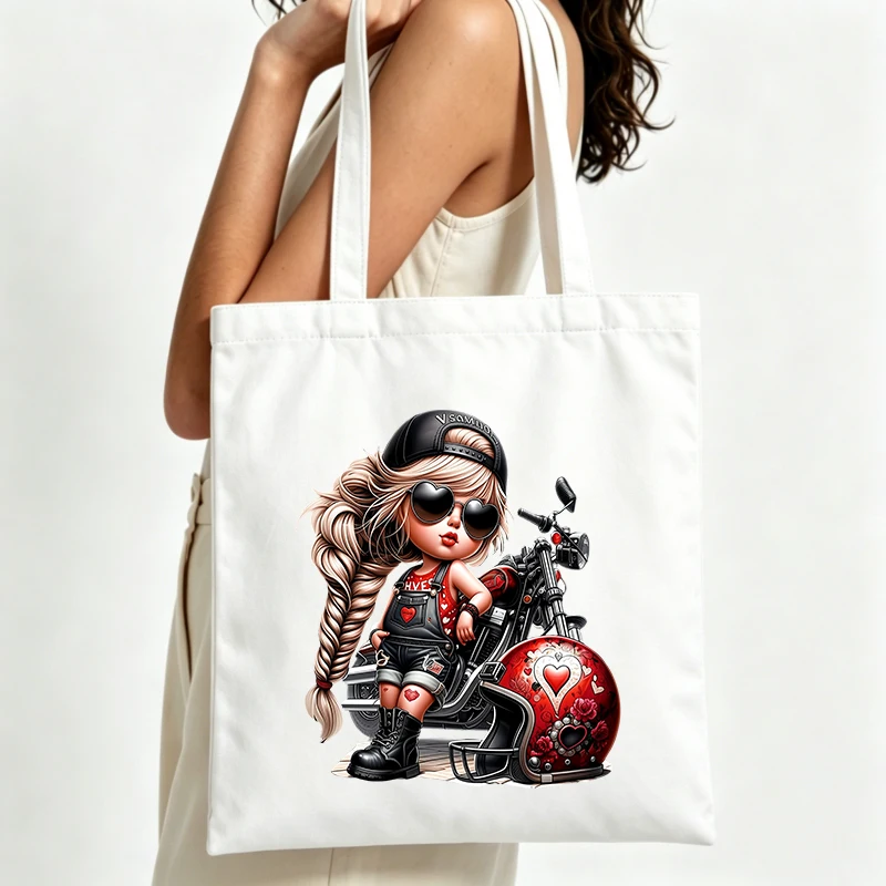 motorcycle graphic canvas tote bag with streetwear style, ideal for casual daily use