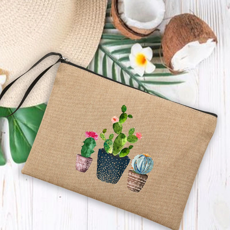 Cactus Print Linen Bag Women Makeup Bags Summer Outdoor Beach Handbags Female Cosmetic Storage Pouch Travel Wash Organizer Gifts