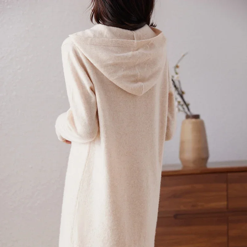 

Autumn And Winter New Hooded 100% Cashmere Sweater Women's Long Dress Slim Knitted Wool Bottoming Dress