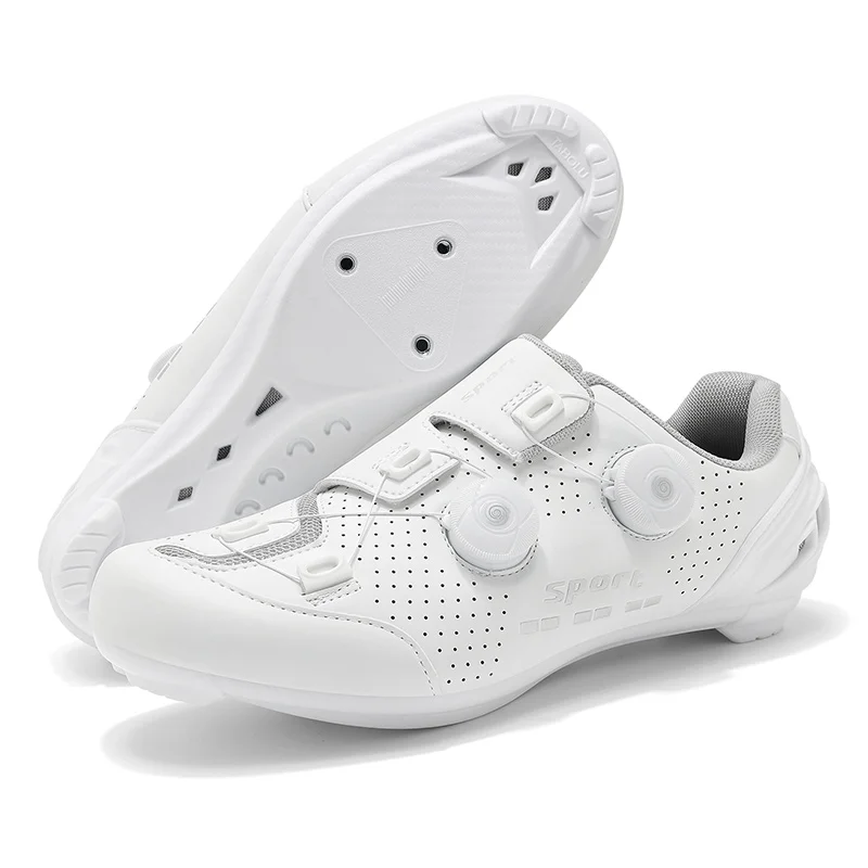 

Белые профессиональные велосипедные туфли с замком, дышащая конструкция с отверстием, регулировка ручки, фитинг для ног, езда на велосипеде