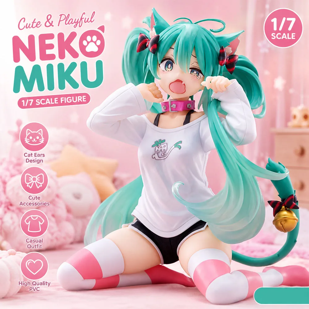 Niedliche Hatsune Miku Anime-Figur mit Katzenohren, PVC-Actionfigur, Kawaii-Tischdekoration, Anime-Sammlermodell, Anime-Mädchenfigur