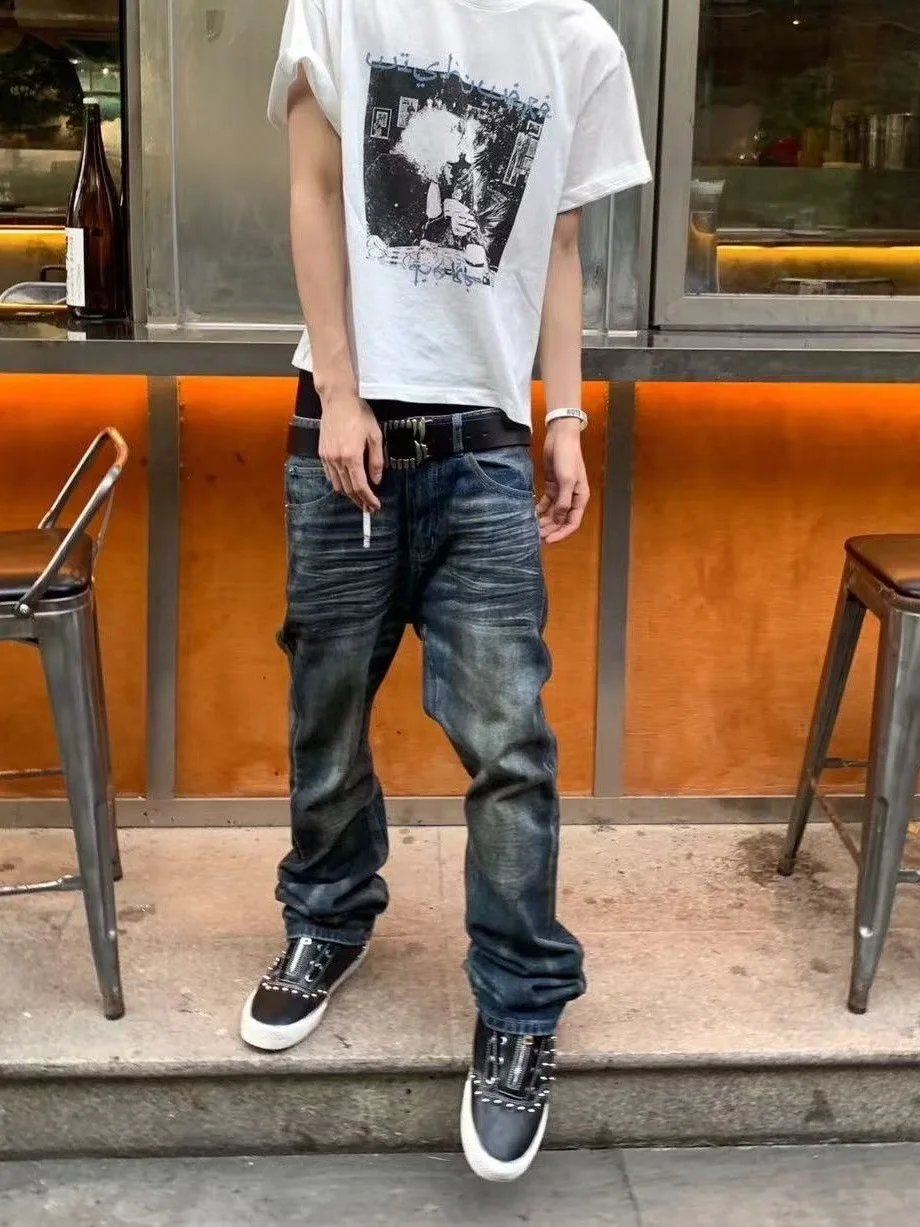 Retro American Men's Jeans Straight Leg Loose Fit Fashionable Water Washed  Vintage Design All-Match Casual Long Pants