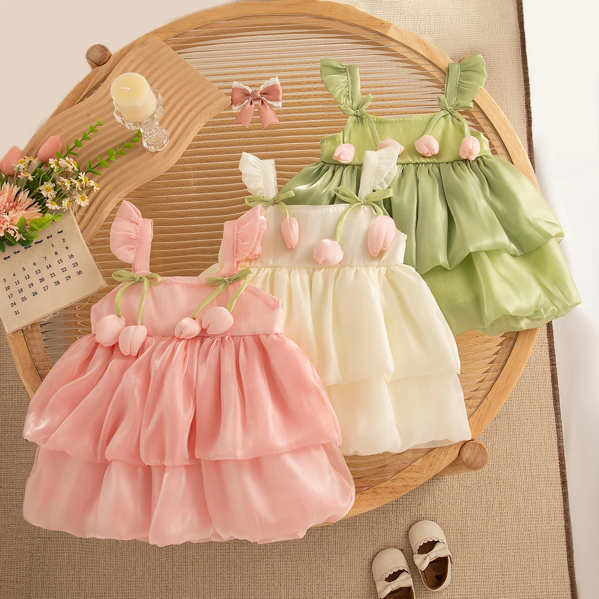 Newborn Girl Dress Layered Chiffon Princess Dress Flower Bow Tutu Dress for Baby Girl