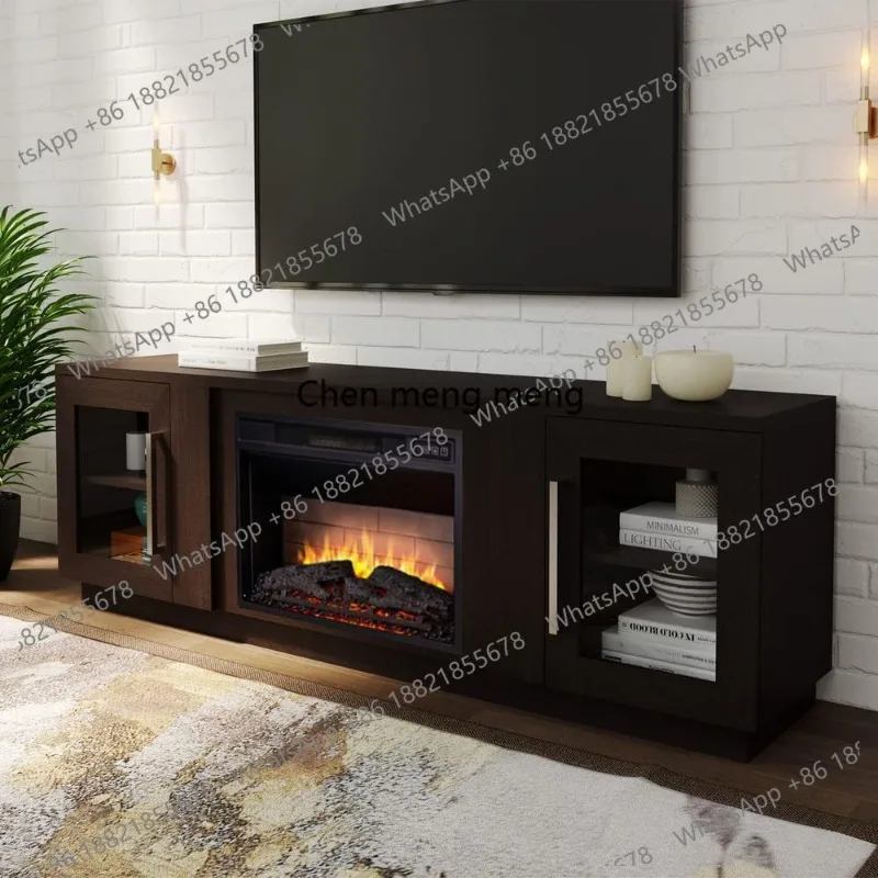 

80 Wooden TV Stand with Media Center, Storage Shelves, and Barn Door, Electric Fireplace with Remote