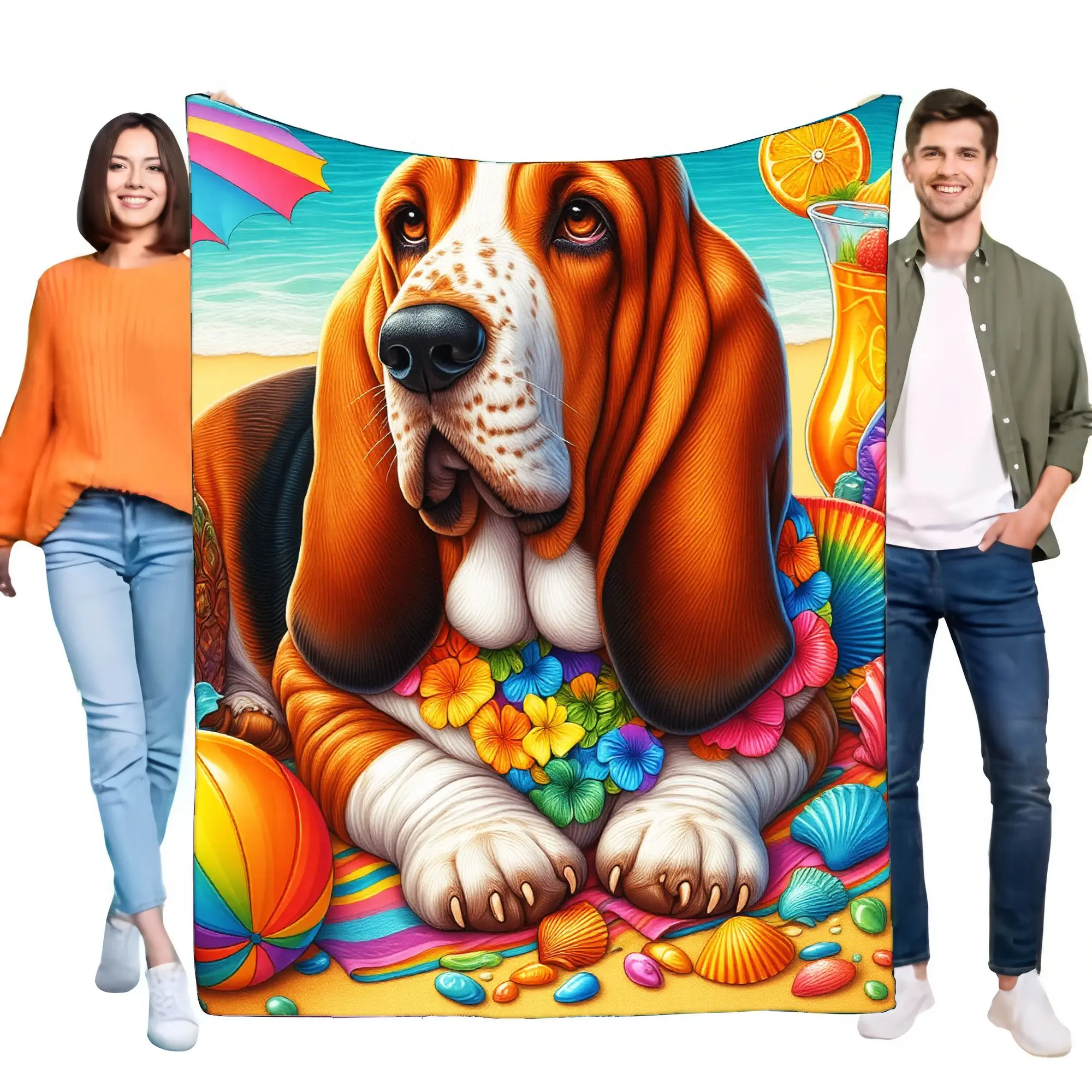 Vibrant Basset Hound Beach Blanket Colorful Throw with Floral Garland, Whimsical Design, Perfect for Summer Picnics and Cozy Bea