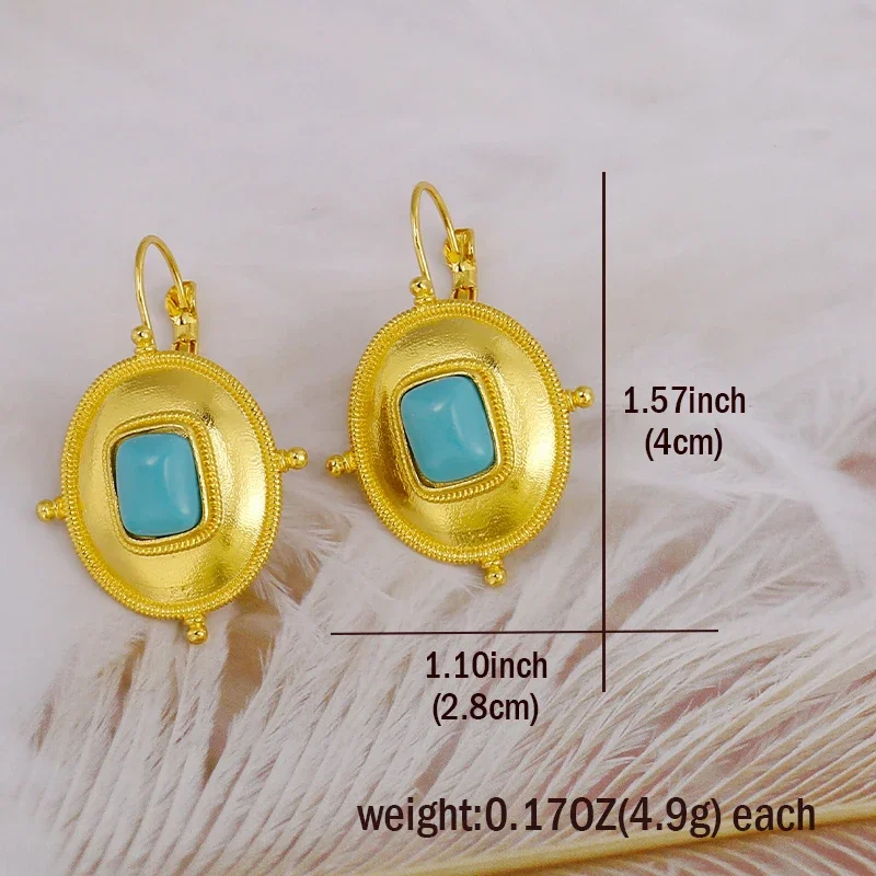 Vintage Court Gold Color Ornate Earrings for Women Creative Ethnic Style Imitation Turquoise Earrings Party Jewelry Gifts