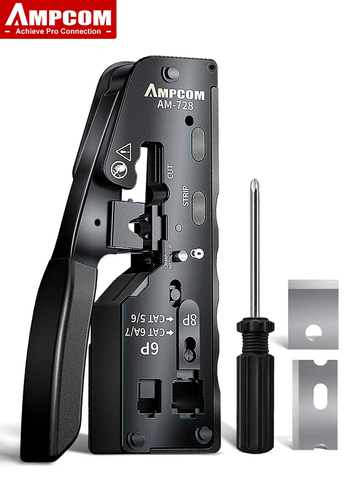 Zaciskarka AMPCOM RJ45 do kabli CAT7, narzędzie do zaciskania złączek Pass Through RJ11 RJ45, wtyków modułowych CAT6 CAT5E z funkcją ściągacza izolacji i obcinarki. — zdjęcie produktu 7