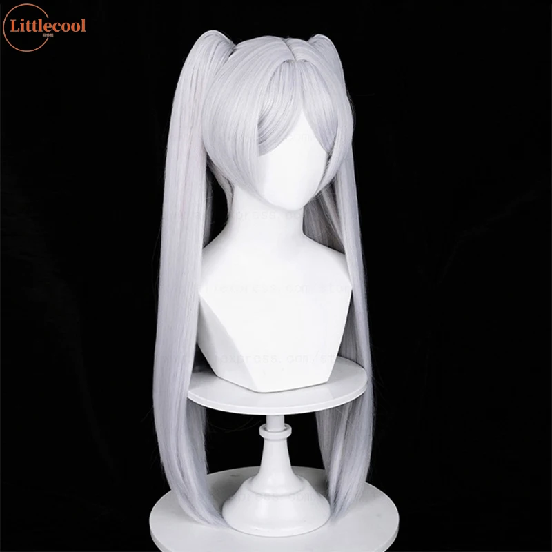 High Quality Anime Frieren Cosplay Wig Long Silver With Two Clip Ponytails Heat Resistant Synthetic Hair Wigs + Wig Cap image 4