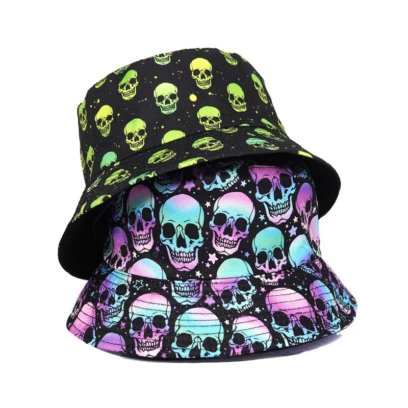 Bocca Skull Bucket Hat Colorful Cartoon Skull Pattern Fisherman Hats Double Sides Panama Cap Travel Outdoor Sunscreen Sunshade