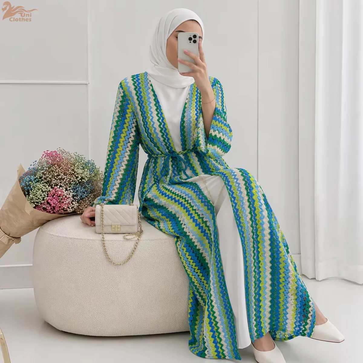 New Crochet Knit Cardigan Kimono Abaya Fashionable Islamic Clothing Modest Front Open Abaya Women Muslim Dresses