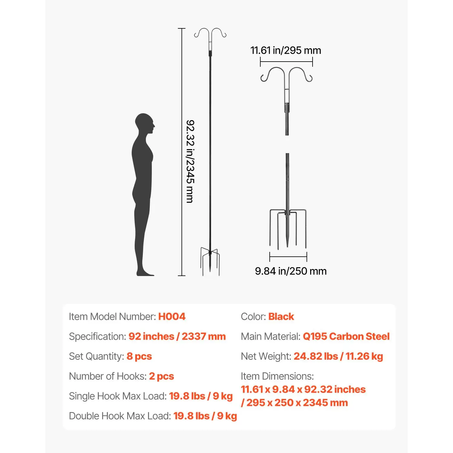 8 Pack Heavy Duty Double Shepherd Hook Poles 92 Inch for outdoor Garden Hooks for Bird Feeders for hanging Plants Solar Lanterns Wind Chimes 3/4 Inch Thick Steel