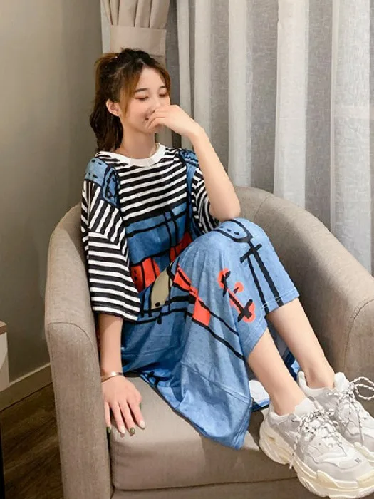 South Korea Summer Short Sleeve Loose Fit Women\'s Cartoon Print Dress Fake Two Piece Striped Strap T-shirt dress 4LBQ